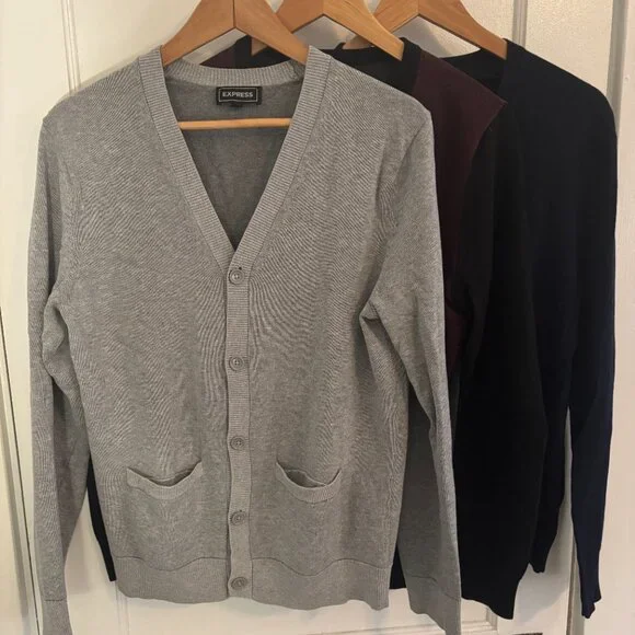 Three Express Men's Cardigans, Size Small, Gray, Navy, Black/Burgundy/Gray - Picture 3 of 7
